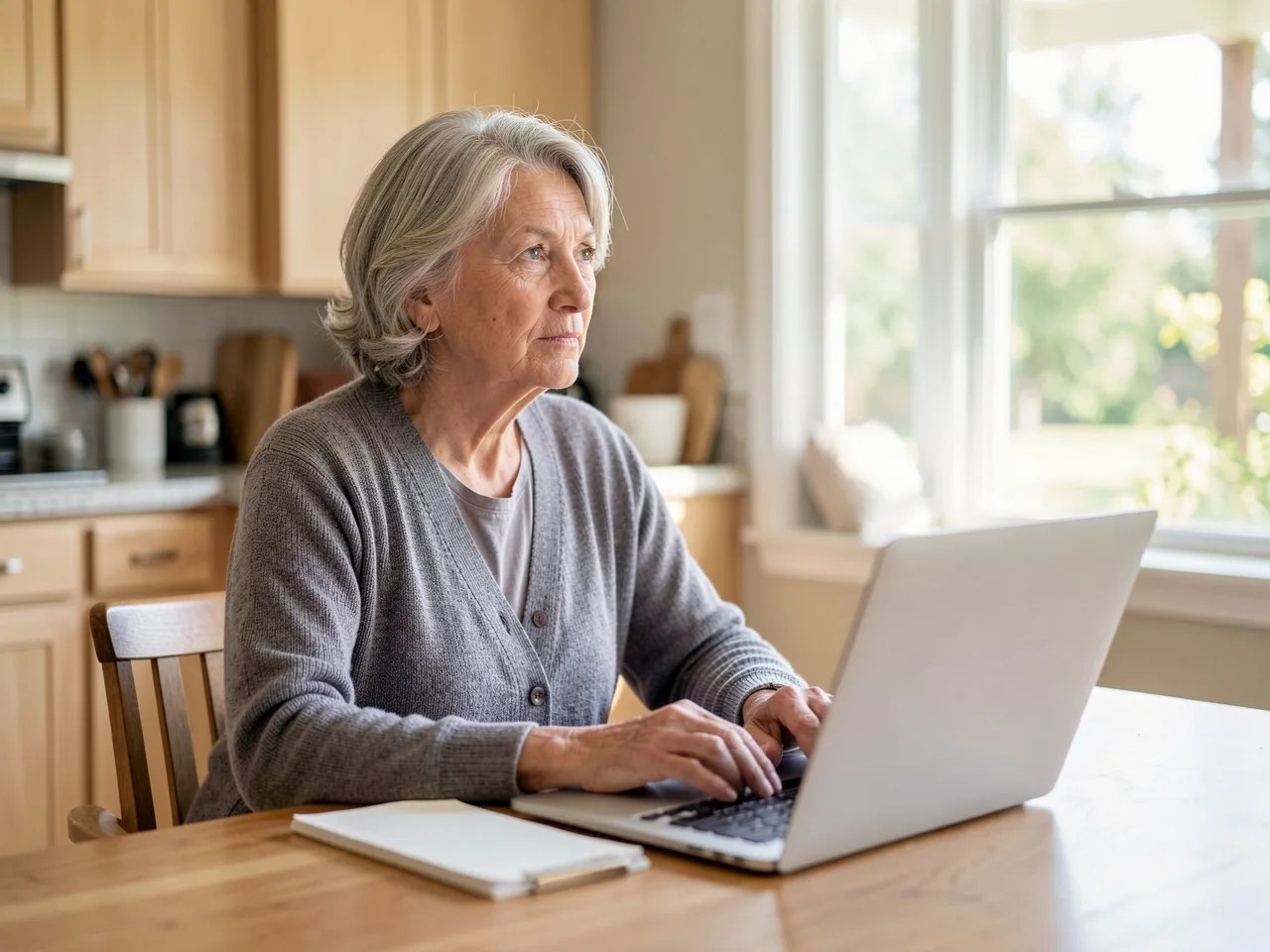 A woman in her sixties at her kitchen table with a laptop, pausing to think through a question
