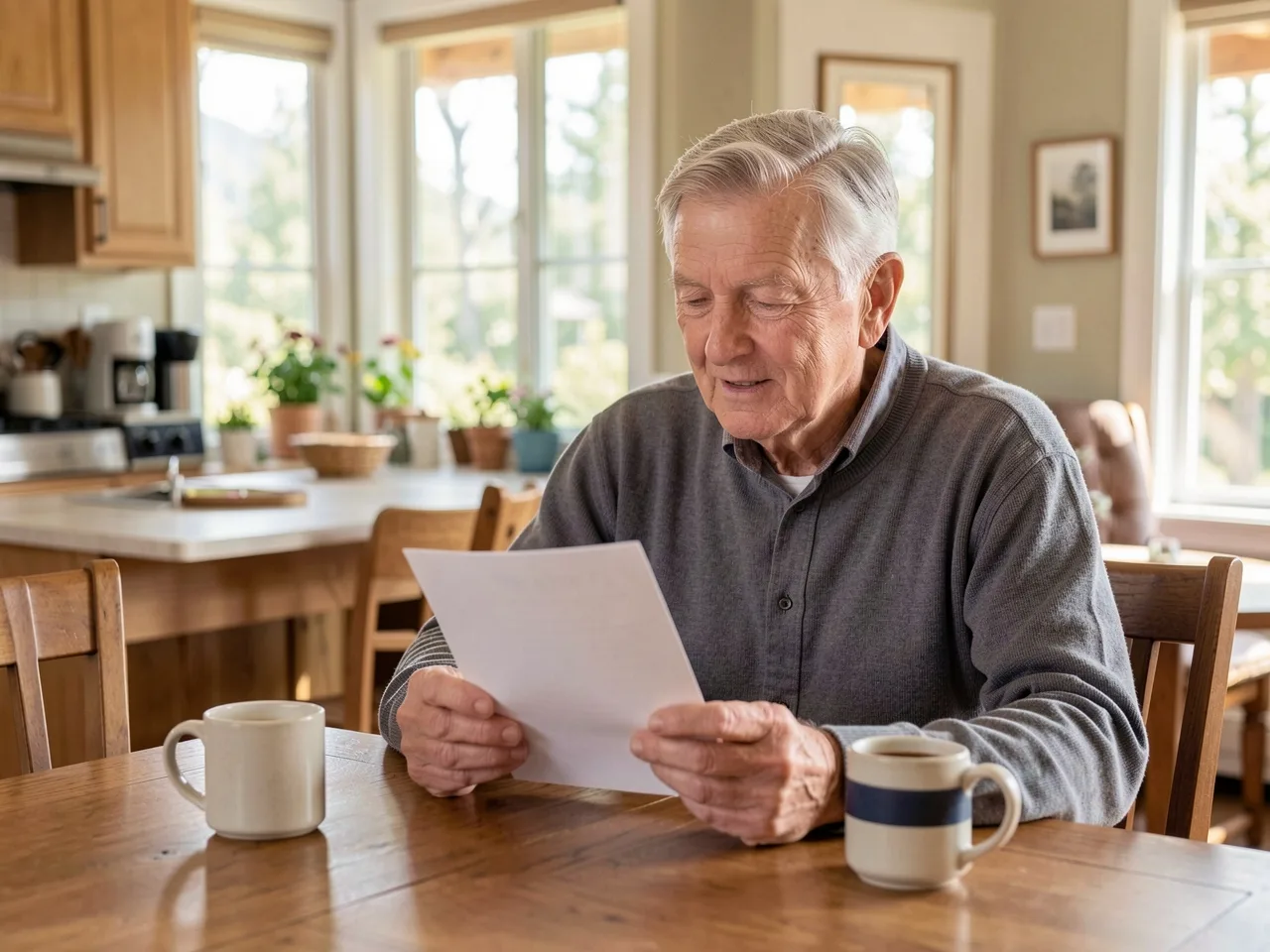A man in his seventies reading a letter at his dining table, relaxed and untroubled