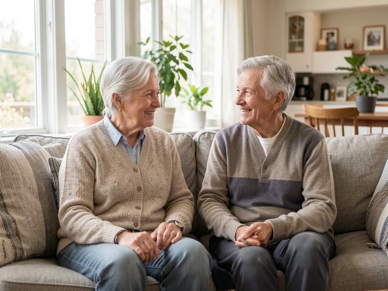 A couple in their sixties sitting together on a sofa, talking something through and looking settled about it